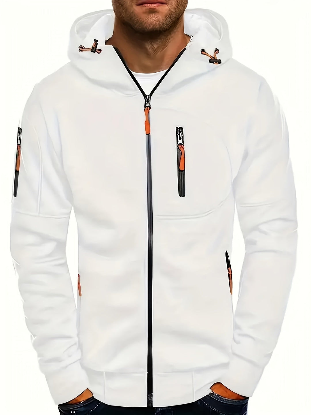 Sudadera versátil para hombre, con capucha, cremallera y bolsillos, combinando estilo casual y confort.