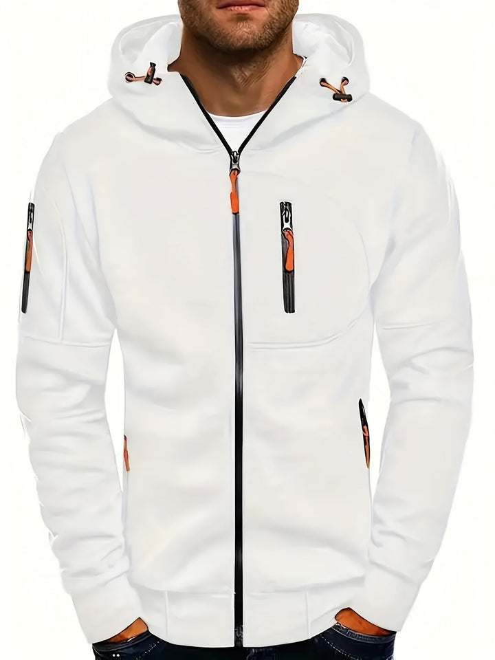 Sudadera versátil para hombre, con capucha, cremallera y bolsillos, combinando estilo casual y confort.