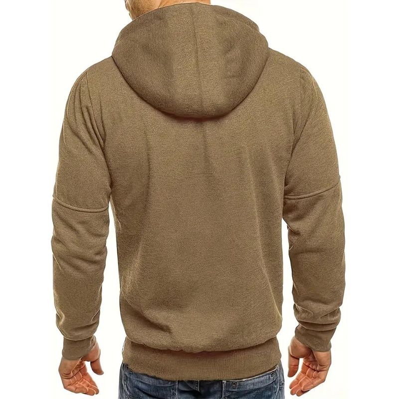 Sudadera de hombre con capucha y cremallera, equipada con bolsillos seguros para objetos personales.