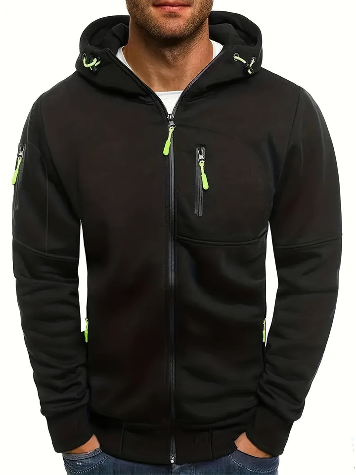 Sudadera casual de hombre con capucha, cremallera y bolsillos, ideal para el día a día.