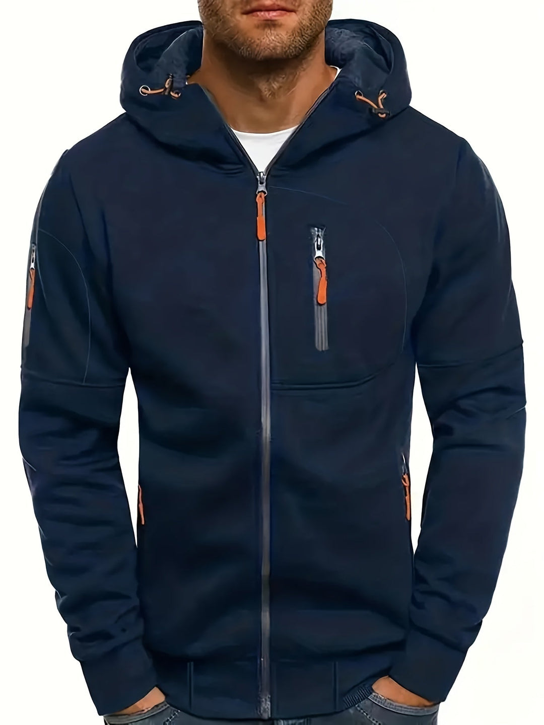 Sudadera de moda para hombre, con capucha, cremallera y bolsillos, perfecta para atuendos de invierno.