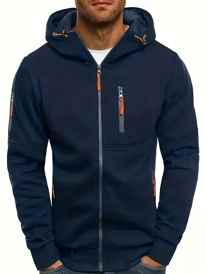 Sudadera de moda para hombre, con capucha, cremallera y bolsillos, perfecta para atuendos de invierno.