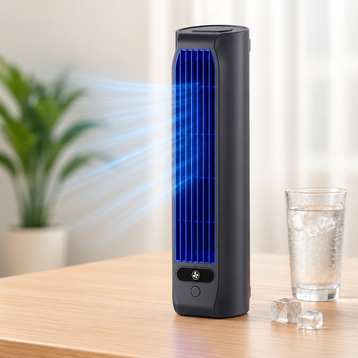 Hombre relajándose con el ventilador personal. Disfruta del aire refrescante en cualquier lugar, recargable.