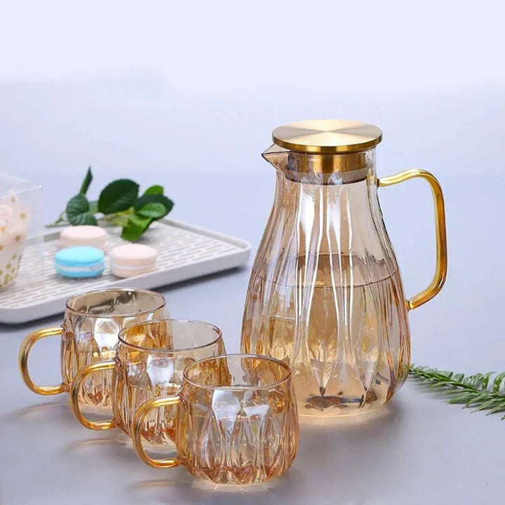 Regalo ideal: set de jarra de vidrio transparente y vasos a juego con tapa de acero inoxidable. Cristalería de calidad.