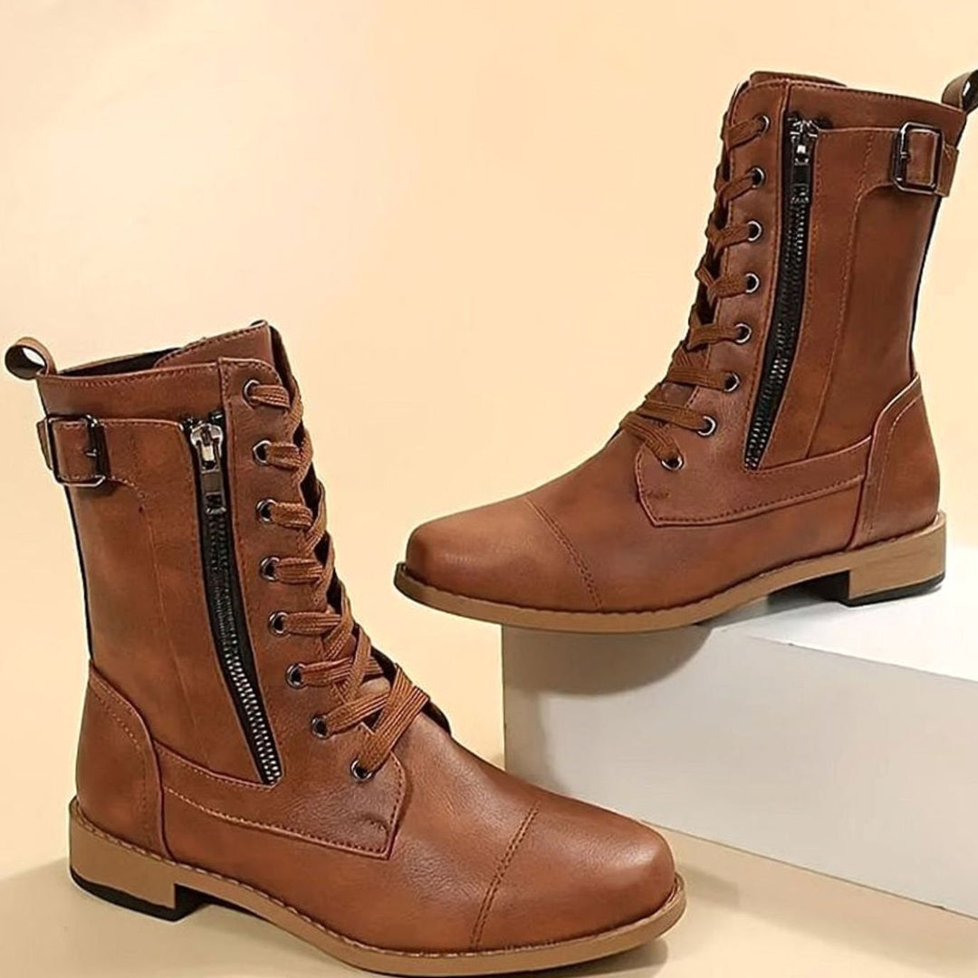 Botas militares mujer negras con cordones y cremallera lateral, estilo urbano y combat para otoño/invierno.