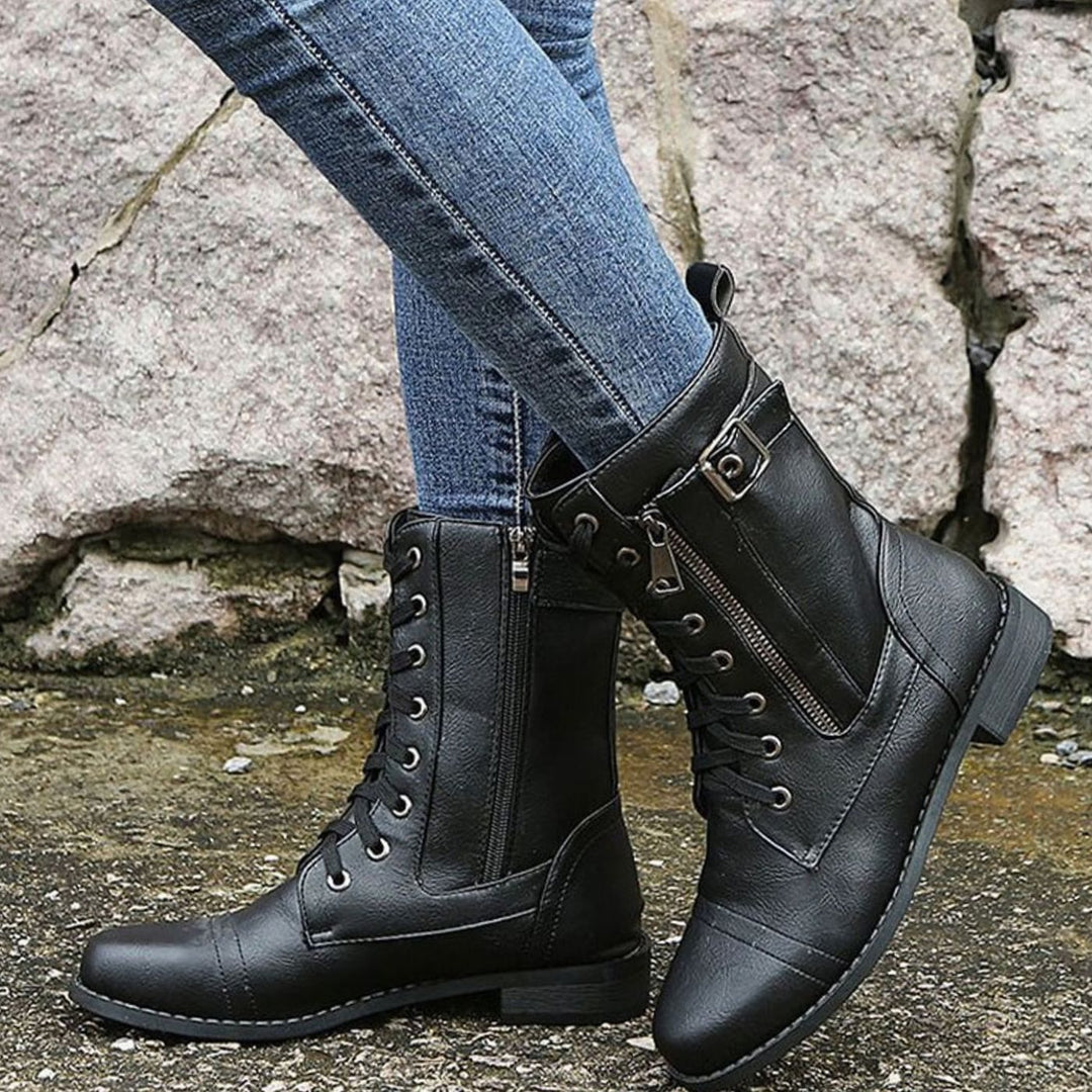 Botas casuales de mujer, diseño militar con cordones y cremallera, cómodas y duraderas.