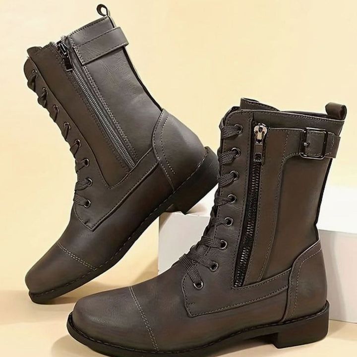 Botas militares para mujer, negras, con cordones y cremallera lateral, estilo combat y casual.