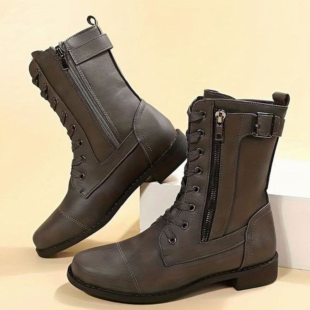 Botines militares de mujer con cordones ajustables y cremallera, calzado casual, moda femenina.