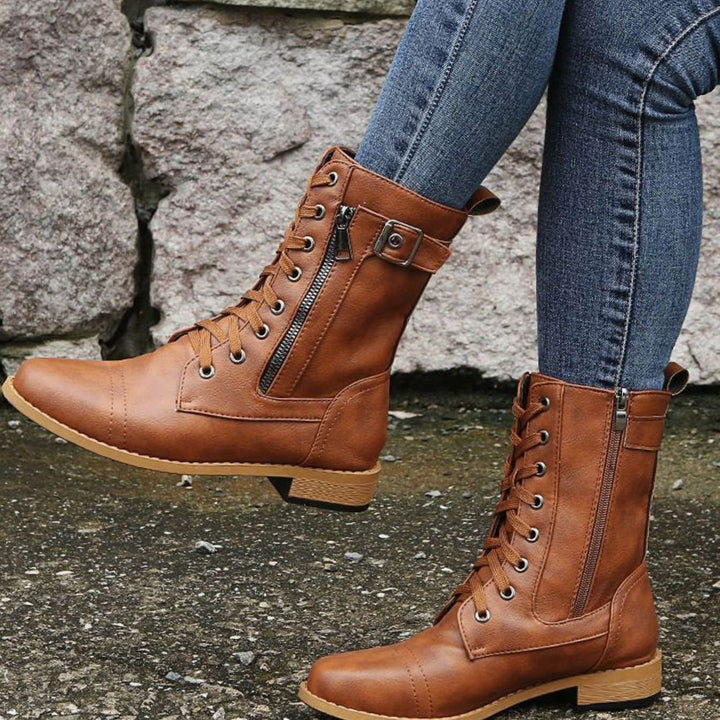 Botas de moda femenina, estilo militar con cordones, cremallera para un ajuste fácil, botines otoño.