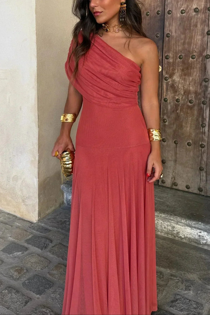 Vestido de invitada de boda, largo, plisado y asimétrico, un hombro, elegancia para tu evento.