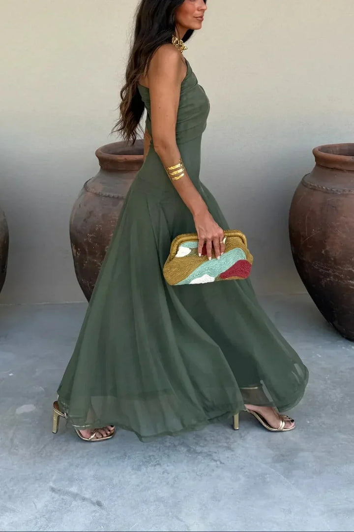 Vestido largo plisado mujer, diseño asimétrico de un hombro, perfecto para boda o fiesta elegante.