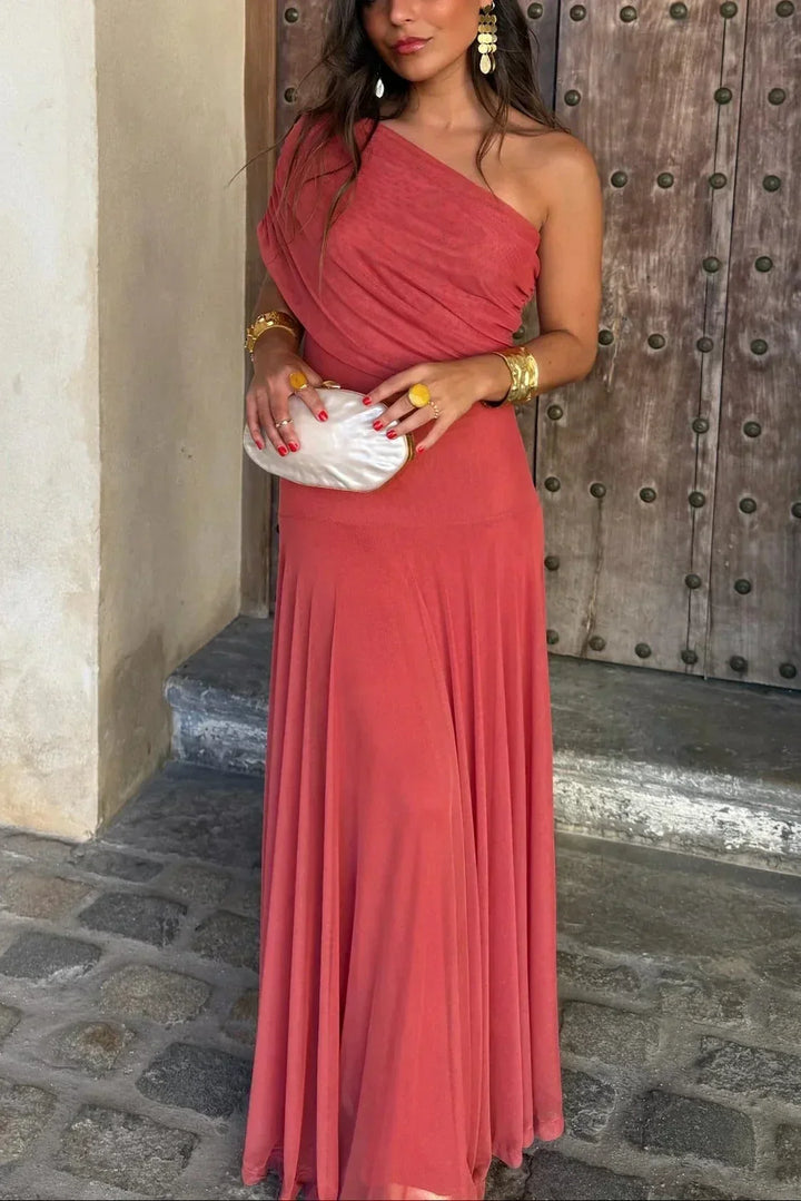 Vestido largo plisado mujer, asimétrico un hombro, versátil para fiestas, bodas y celebraciones.