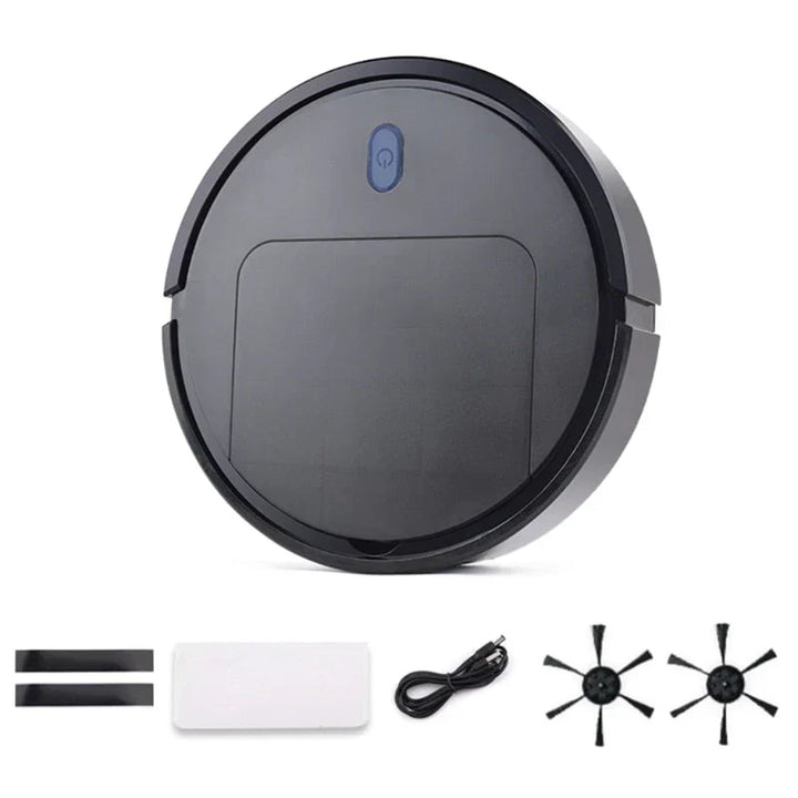 Aspiradora robot 3 en 1 en acción, mostrando sus cepillos multiusos para limpieza automática de suelos en el hogar.