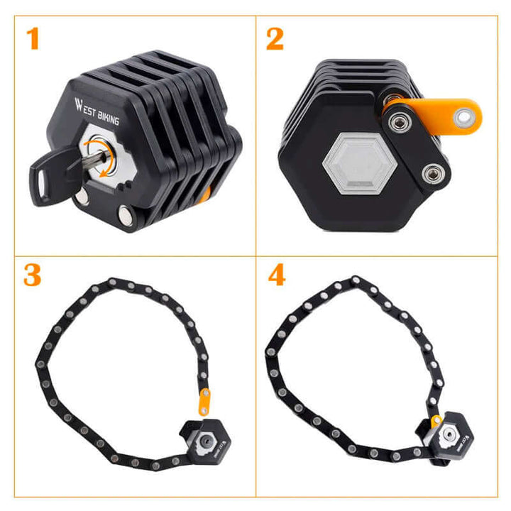 Protección antirrobo con candado de acero plegable y compacto para tu bicicleta urbana.