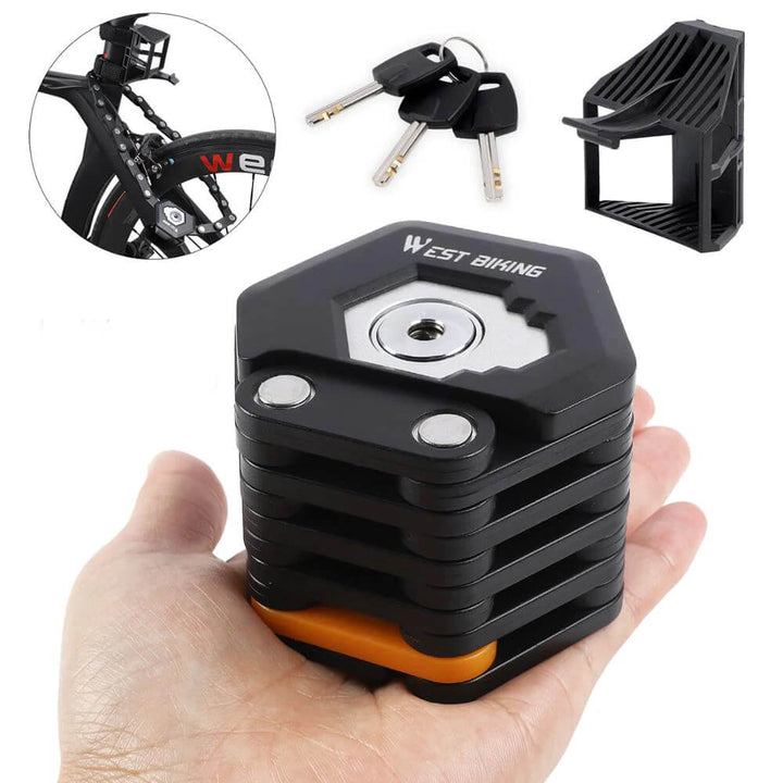 Candado de bicicleta plegable y portátil. Seguridad fiable de acero para uso urbano.
