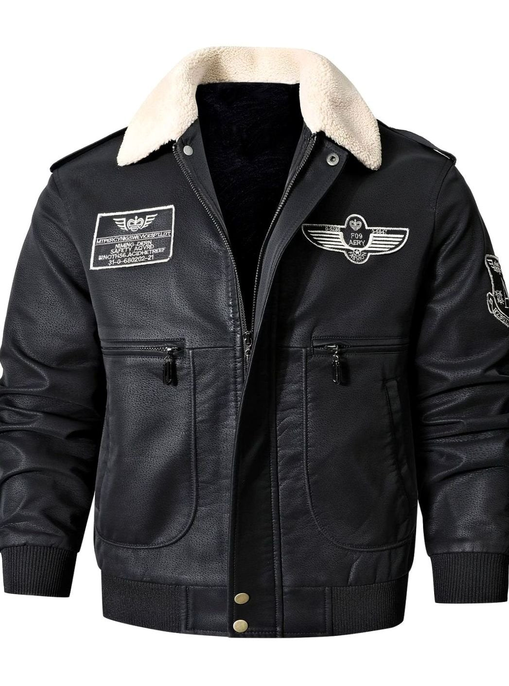 Chaqueta aviador hombre, estilo clásico, cálida, con cuello sherpa y parches bordados.