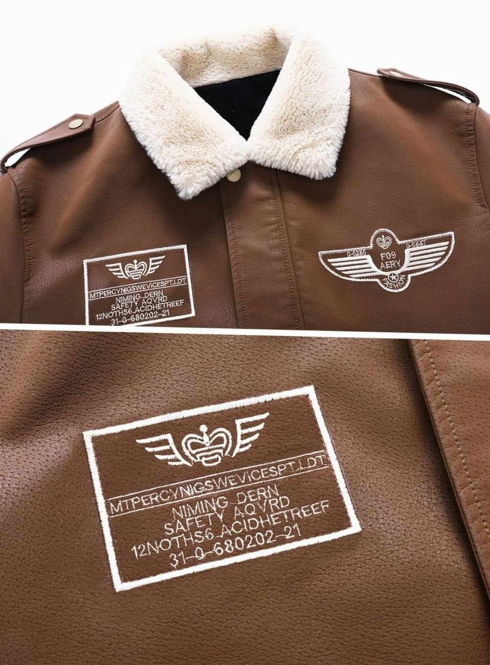 Textura de la chaqueta aviador hombre, con detalles de parches y cuello sherpa.