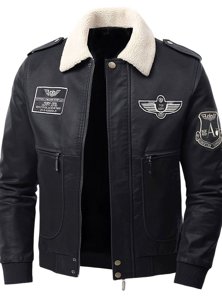 Chaqueta aviador estilo militar, con parches bordados, ideal para moda casual hombre.