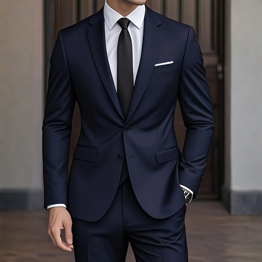Elegante traje azul marino slim fit, para novios y eventos de alta formalidad masculina.