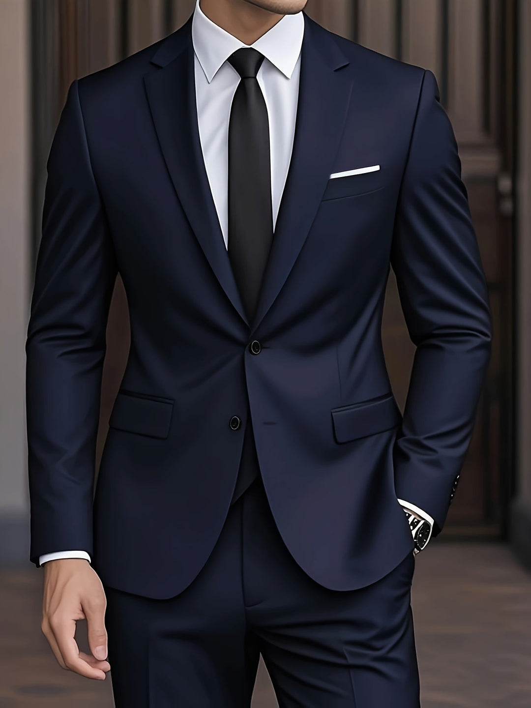 Ropa formal masculina, traje negro slim fit, moderno y de dos piezas para celebraciones.