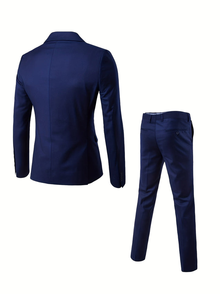 Traje de celebración azul marino slim fit, conjunto de dos piezas, estilo moderno y formal.