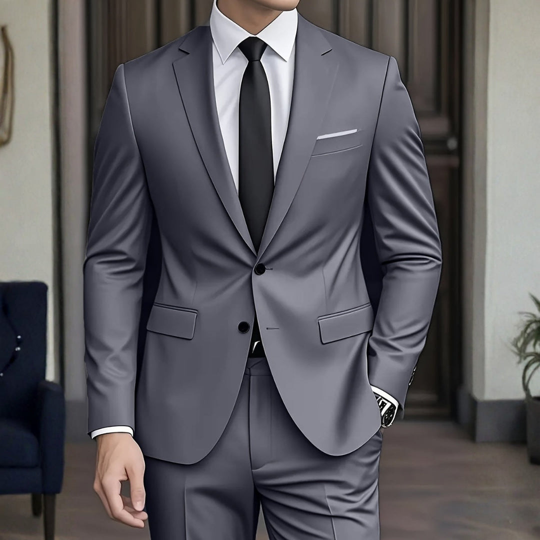 Conjunto de traje formal de dos piezas negro, corte slim para novio y celebraciones.
