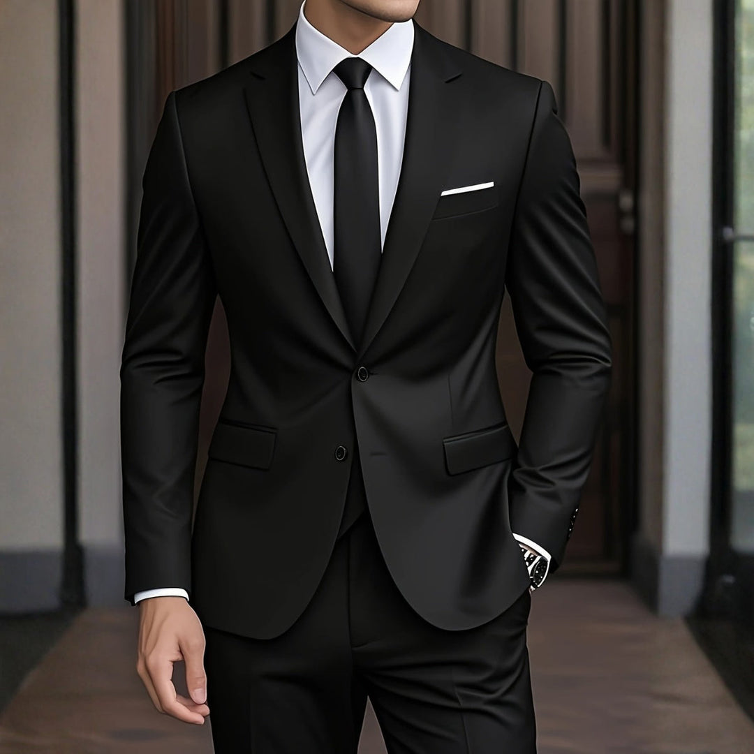 Traje moderno azul marino, slim fit, conjunto formal para eventos y estilo contemporáneo.
