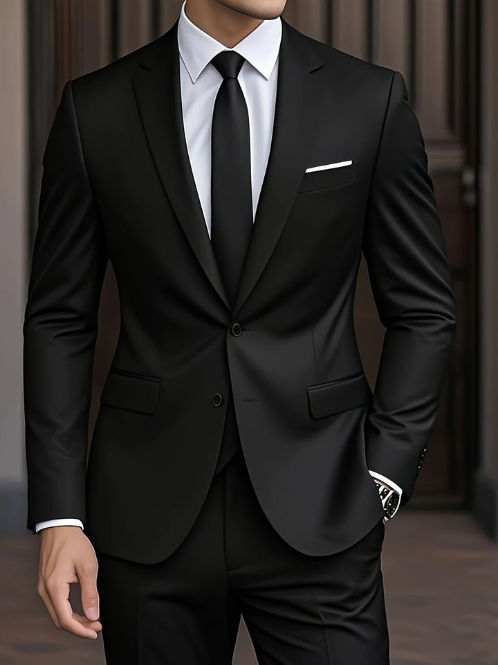 Traje de novio negro, corte slim, ropa formal de dos piezas para hombre elegante.
