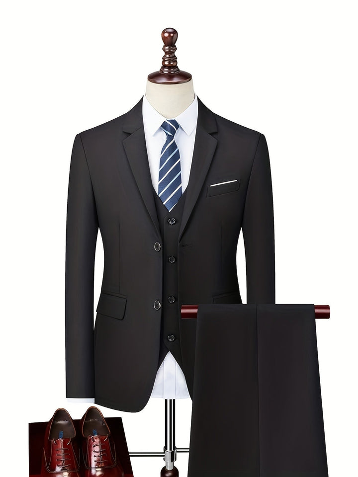Conjunto de traje formal azul marino, slim fit, para hombres con estilo moderno y distinción.