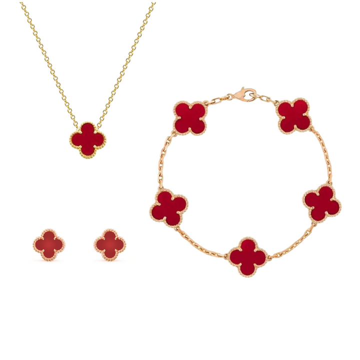 Elegante conjunto de joyería mujer con diseño de trébol. Collar, pulsera y pendientes bañados en oro 18k.