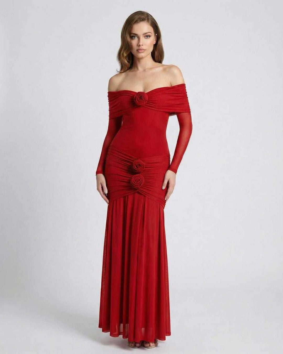 Vestido maxi Rosalia rojo para mujer, elegante, con escote off-shoulder y mangas largas.
