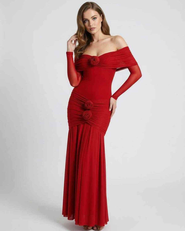Vestido formal Rosalia rojo para mujer, maxi, con escote off-shoulder y mangas largas.