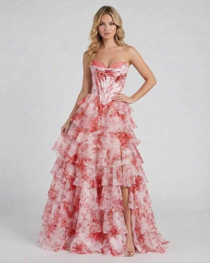 Vestido de noche floral sin tirantes para mujer. Ideal para graduación, boda o evento formal.