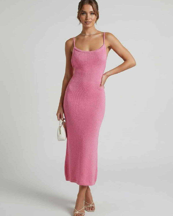 Vestido midi rosa Rosalia para mujer, diseño moderno ajustado, tirantes finos, elegancia para cóctel.