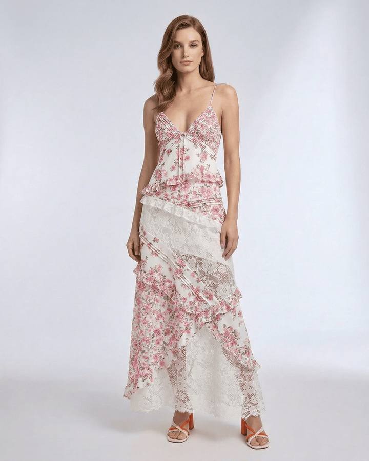 Vestido maxi floral elegante con volantes y escote V para mujer. Ideal para fiesta de verano o boda.