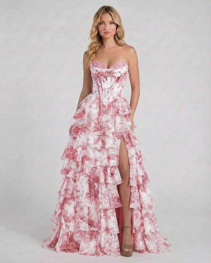 Vestido maxi floral rosa sin mangas, perfecto para eventos formales y bodas. Elegancia en fiesta de gala.
