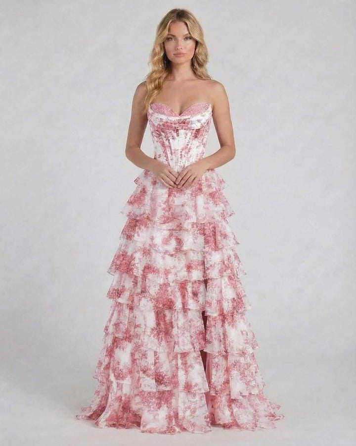 Vestido maxi floral rosa sin mangas para eventos. Elegancia formal para bodas, galas y celebraciones.