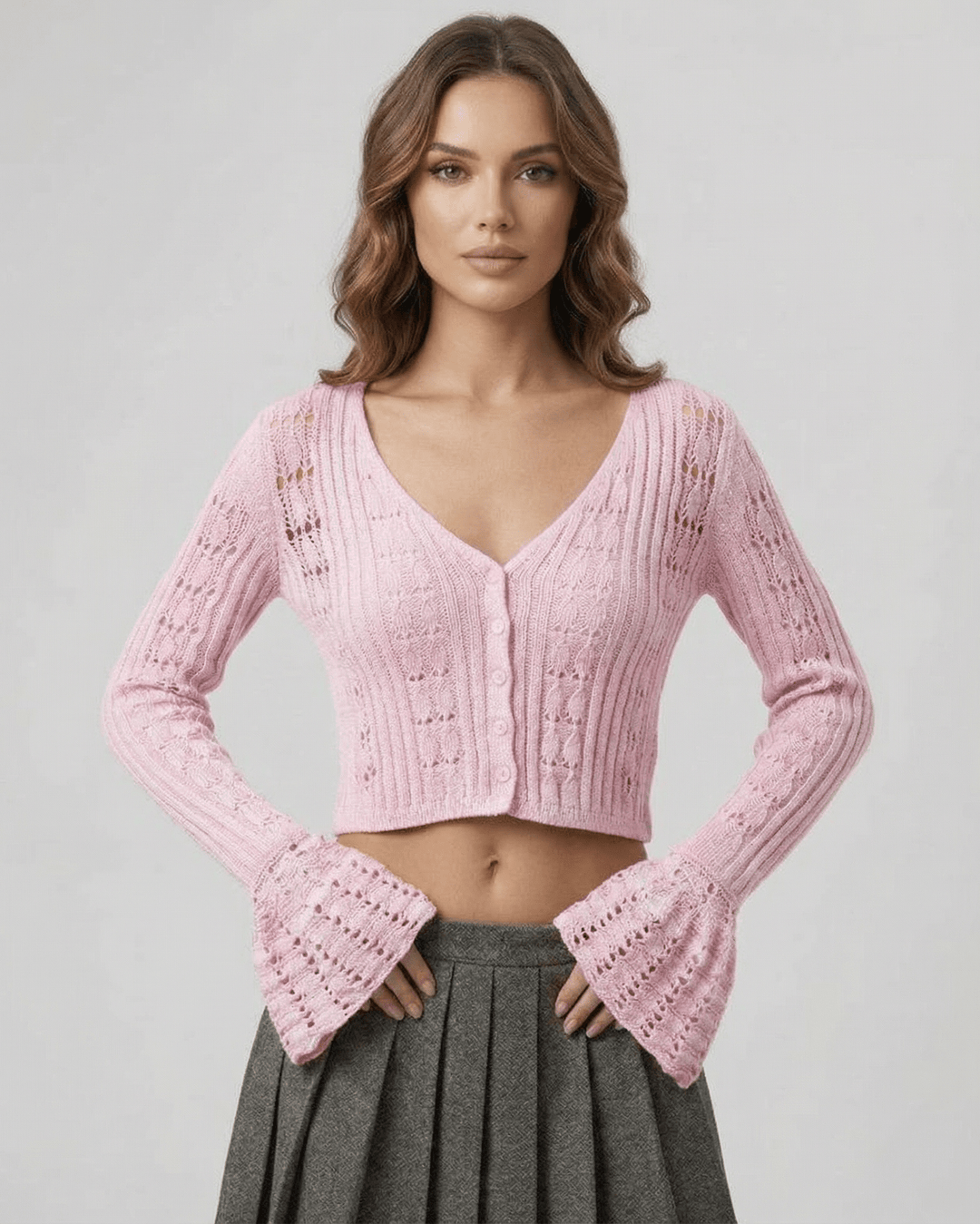 Cárdigan corto rosa para mujer, ideal para primavera y otoño. Estilo elegante y versátil de moda femenina.