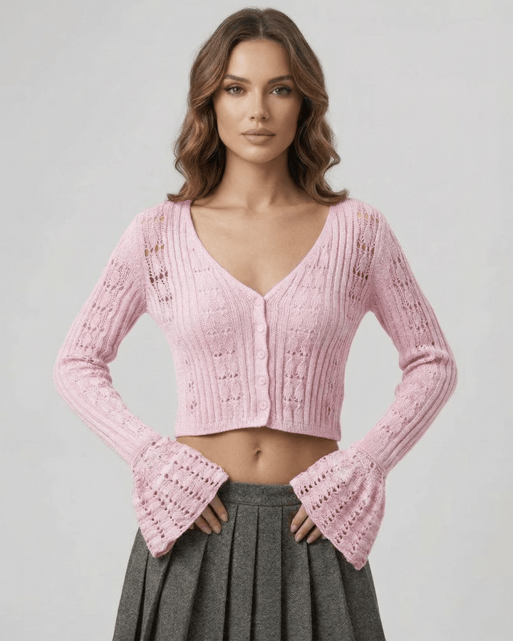 Cárdigan corto rosa para mujer, ideal para primavera y otoño. Estilo elegante y versátil de moda femenina.