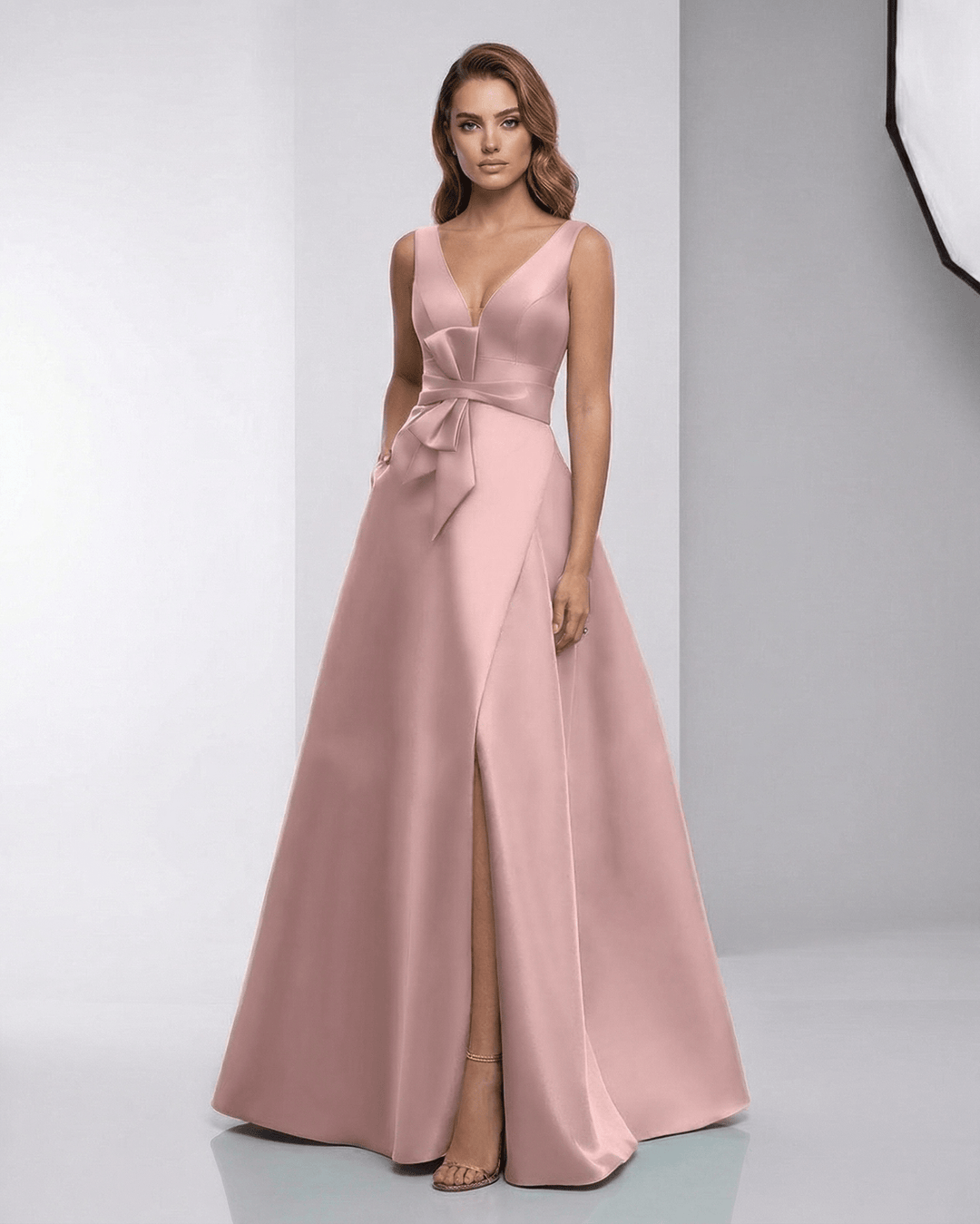 Vestido maxi Roselle rosa elegante, sin mangas, escote en V, corte A. Perfecto para eventos de noche formales.