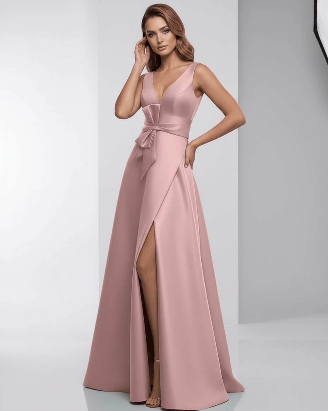 Vestido de invitada de boda Roselle, rosa y formal, con escote en V. Ideal para ocasiones especiales nocturnas.