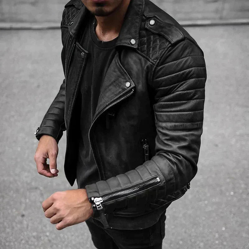 Chaqueta biker de cuero para hombre, diseño entallado con cremalleras. Ideal para un estilo moderno y casual.