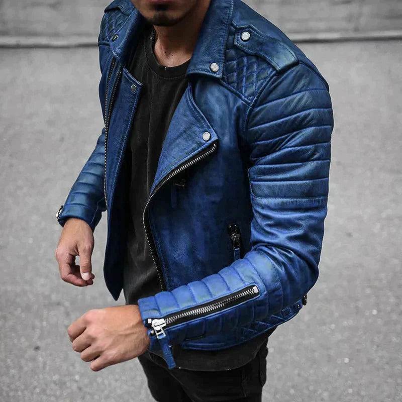 Chaqueta de cuero genuino para hombre, estilo biker entallado. Detalles de cremalleras, moda masculina urbana.
