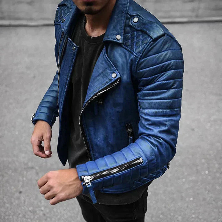 Chaqueta de cuero genuino para hombre, estilo biker entallado. Detalles de cremalleras, moda masculina urbana.