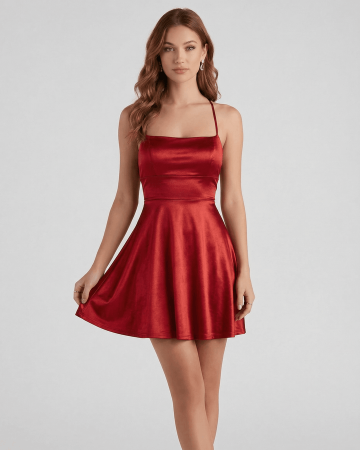 Moda femenina: vestido mini rojo rubí, elegante y sin mangas, con escote cuadrado, para un look de fiesta.