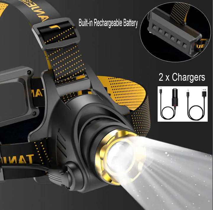 Equipo de camping con linterna frontal LED impermeable, listo para la aventura nocturna.