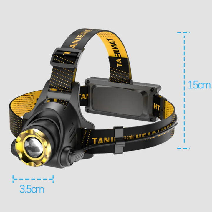 Linterna frontal LED táctica e impermeable, perfecta para aventuras al aire libre y emergencias.
