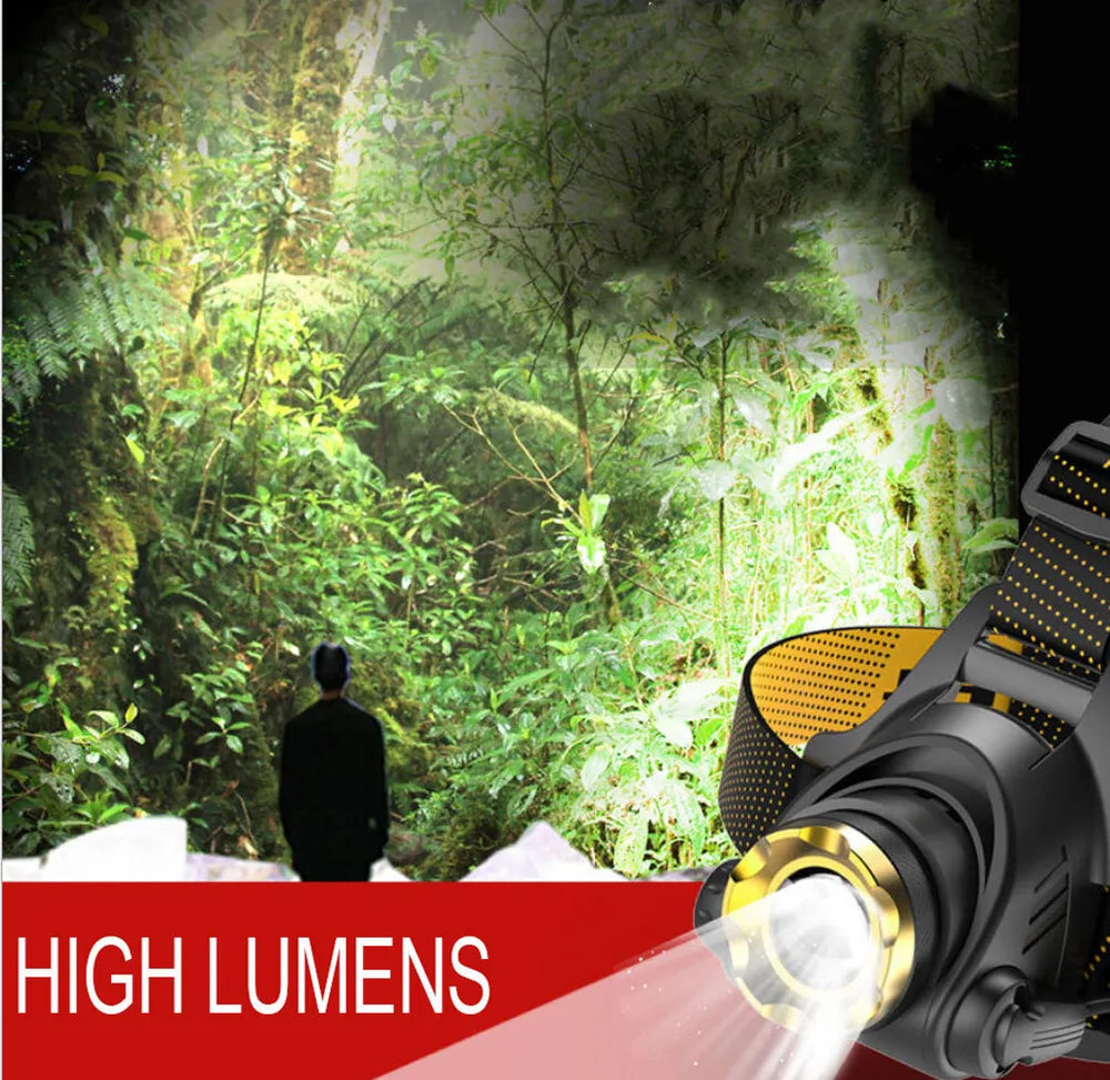 Linterna frontal LED recargable con haz de luz potente, esencial para exploración y seguridad.
