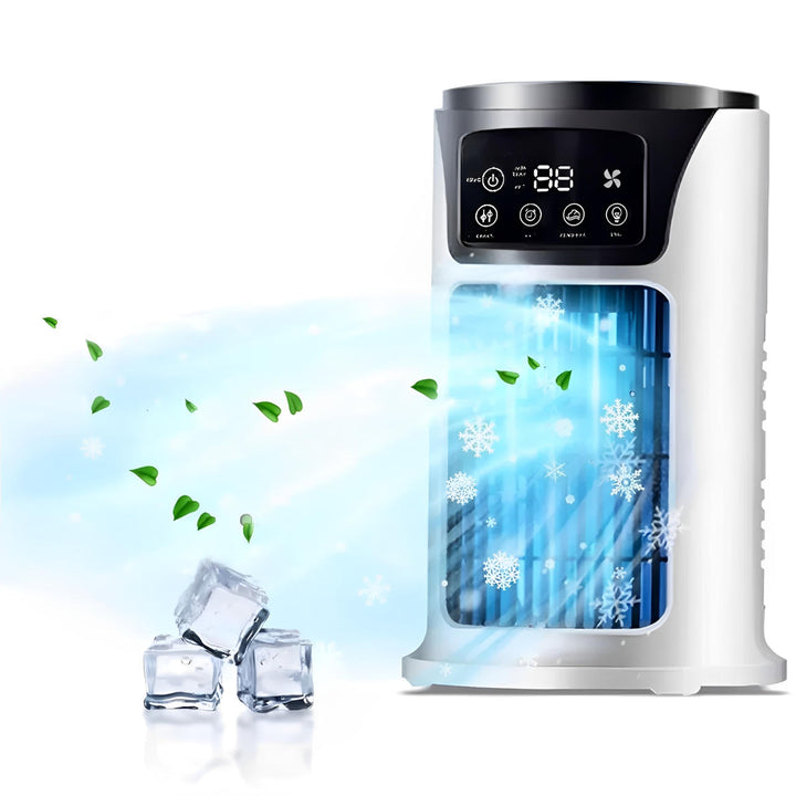 Aire acondicionado portátil 3 en 1 con funciones de enfriador, humidificador y purificador para hogar y oficina.
