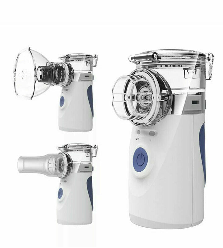 Detalle de mascarilla y boquilla del nebulizador portátil ultrasónico; componentes clave para terapia respiratoria.